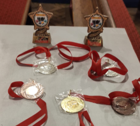 The trophies and medals awaiting collection