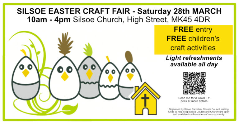 Image of eggs as chicks with information about Silsoe Craft Fair - Silsoe Church MK45 4DR - Saturday 28 March 2026 10am - 4pm Free Entry