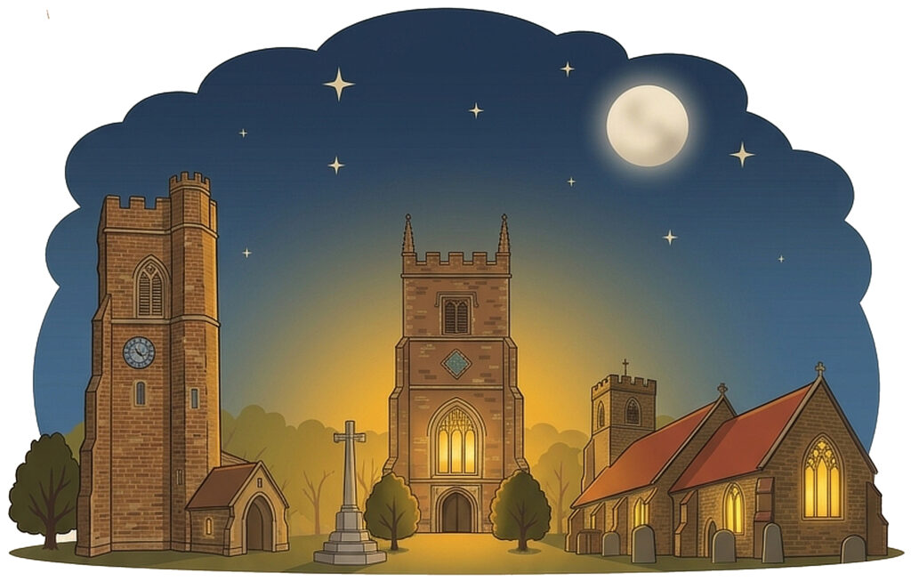 3 churches lit at night