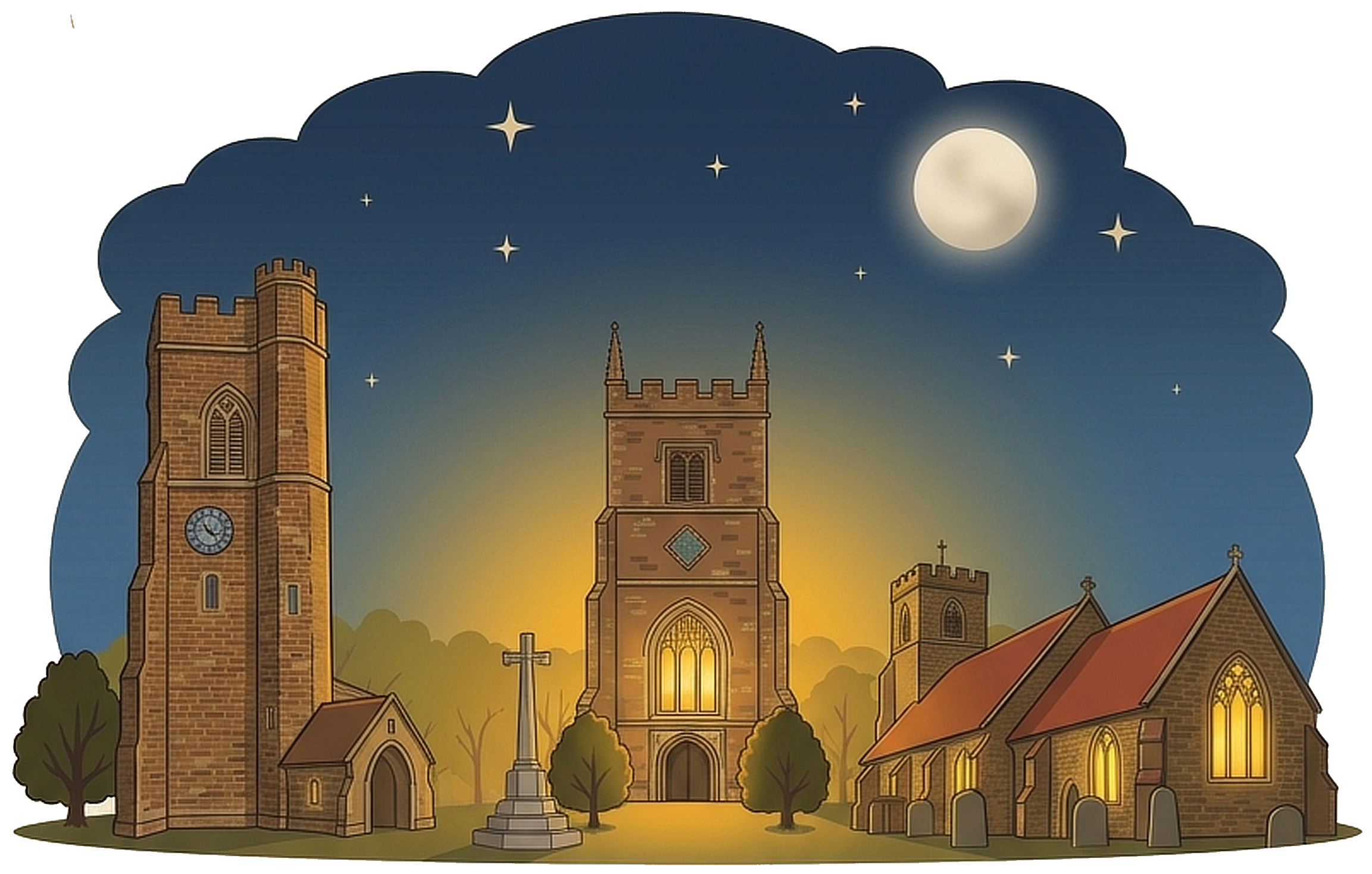 3 churches lit at night