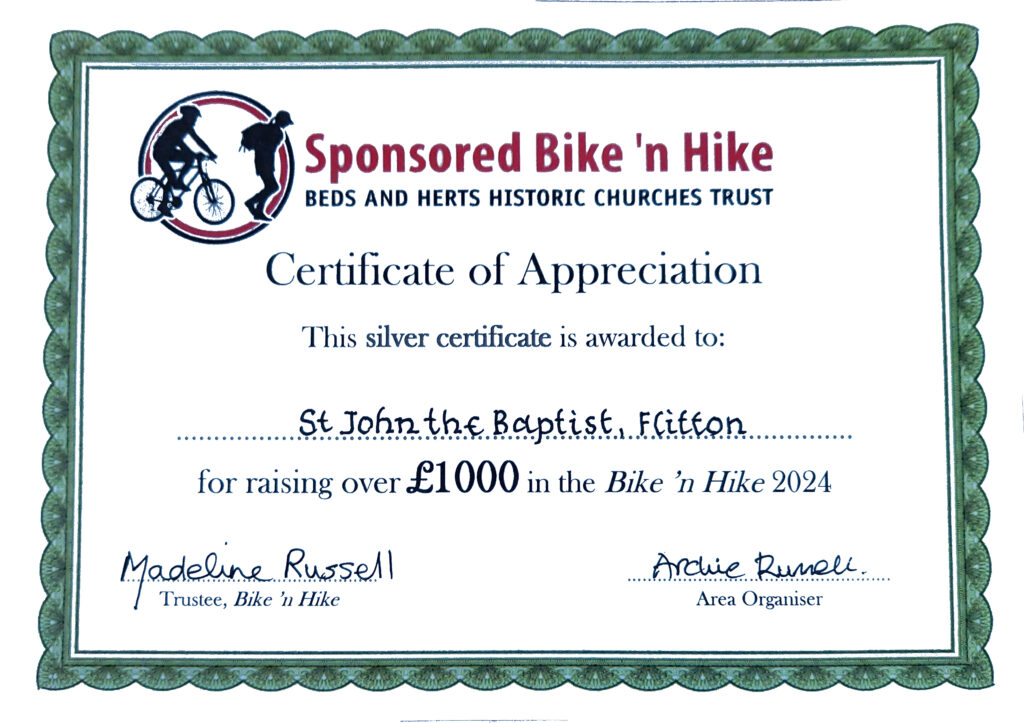 Certificate awarded to Margaret Butt for raising over £1000 by Bike & Hike 2024