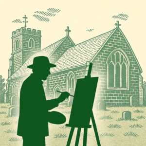 Artist in front of Pulloxhill Church