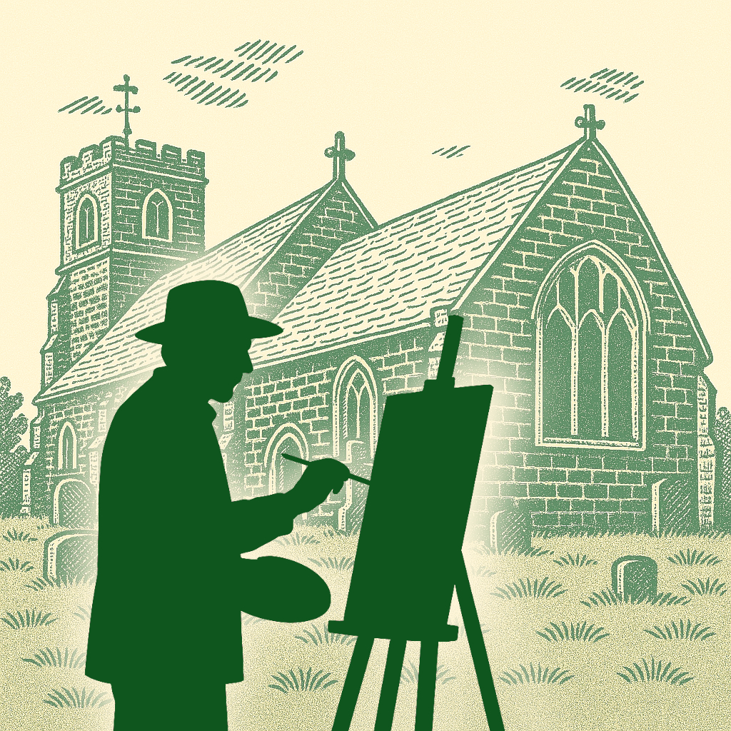 Artist in front of Pulloxhill Church