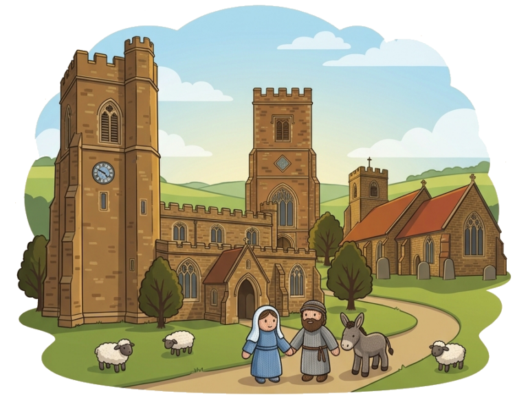 Image of the 3 churches and Mary & Joseph