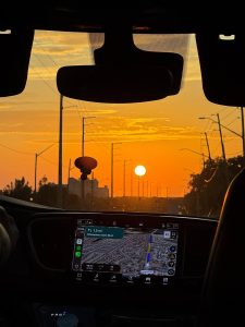 Sunset through a car windscreen